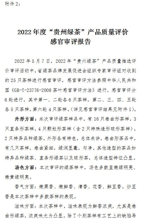 关于公布 2022年度“贵州绿茶”产品质量评价推选结果的通知