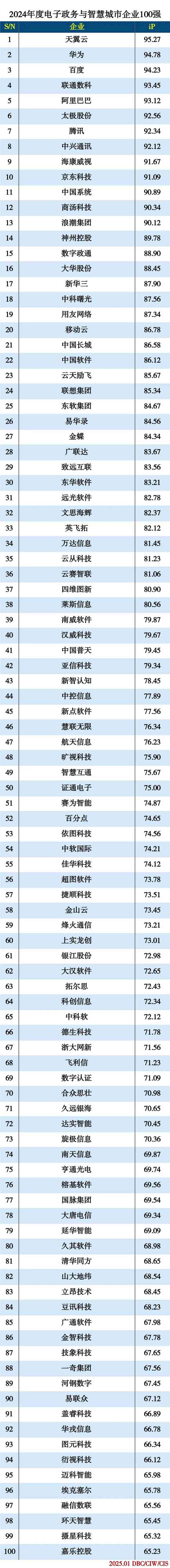 2024年度电子政务与智慧城市企业100强 2024年度电子政务与智慧城市企业100强