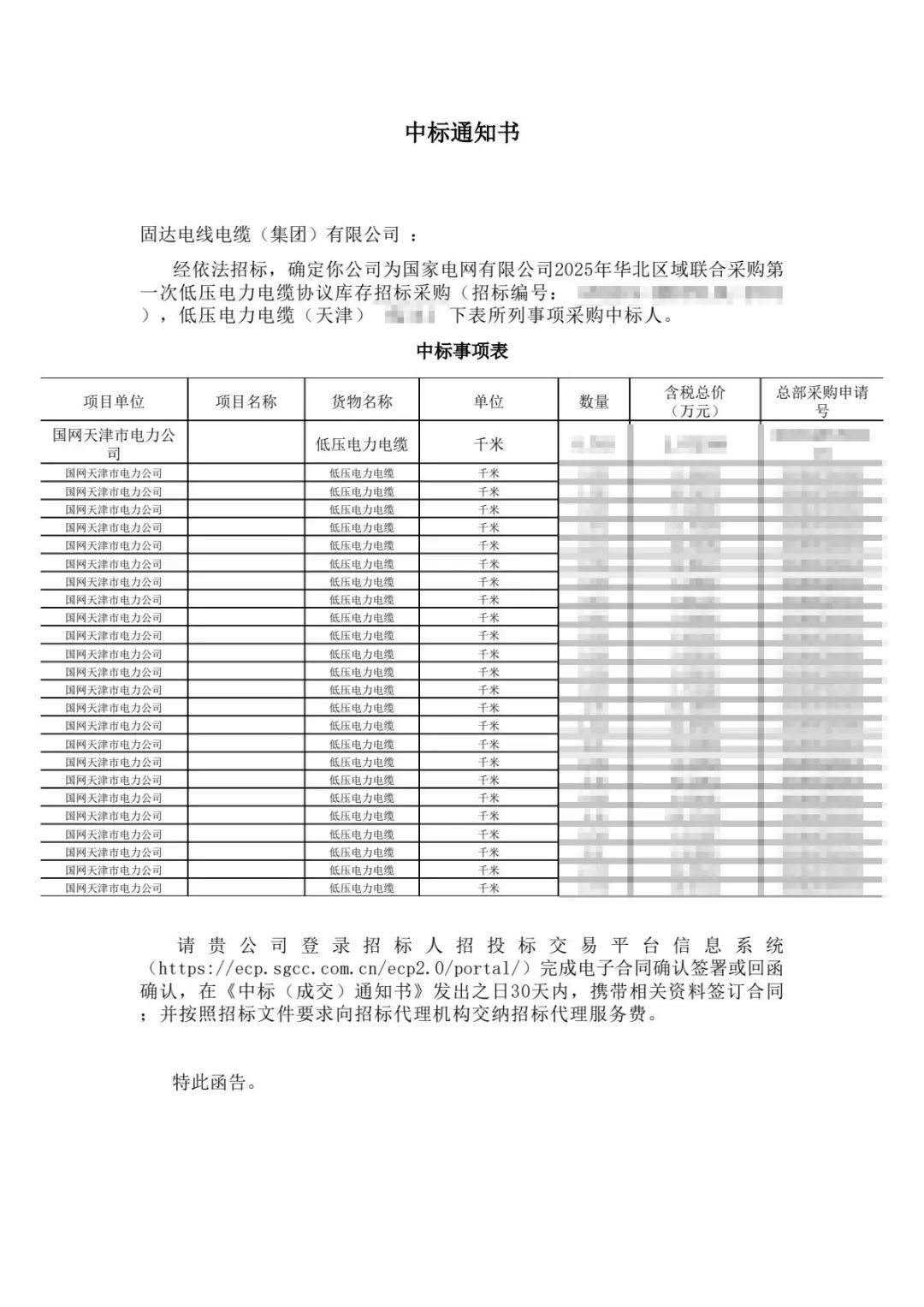 固达电线电缆集团中标国家电网项目