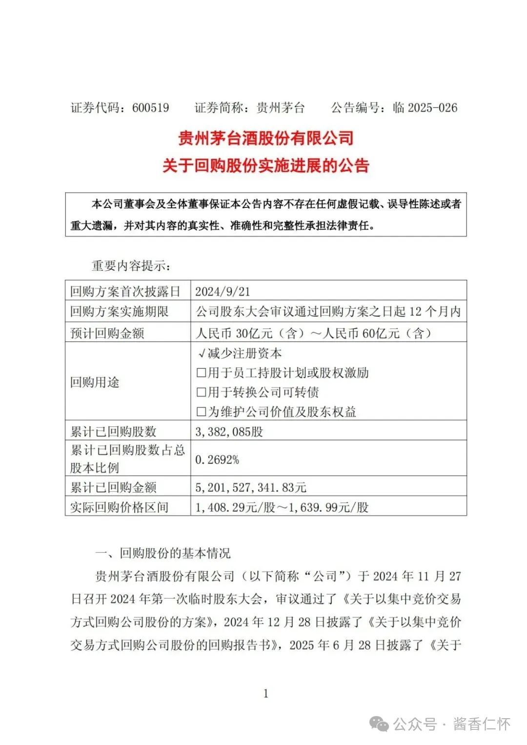 贵州茅台公告：已回购超52亿元