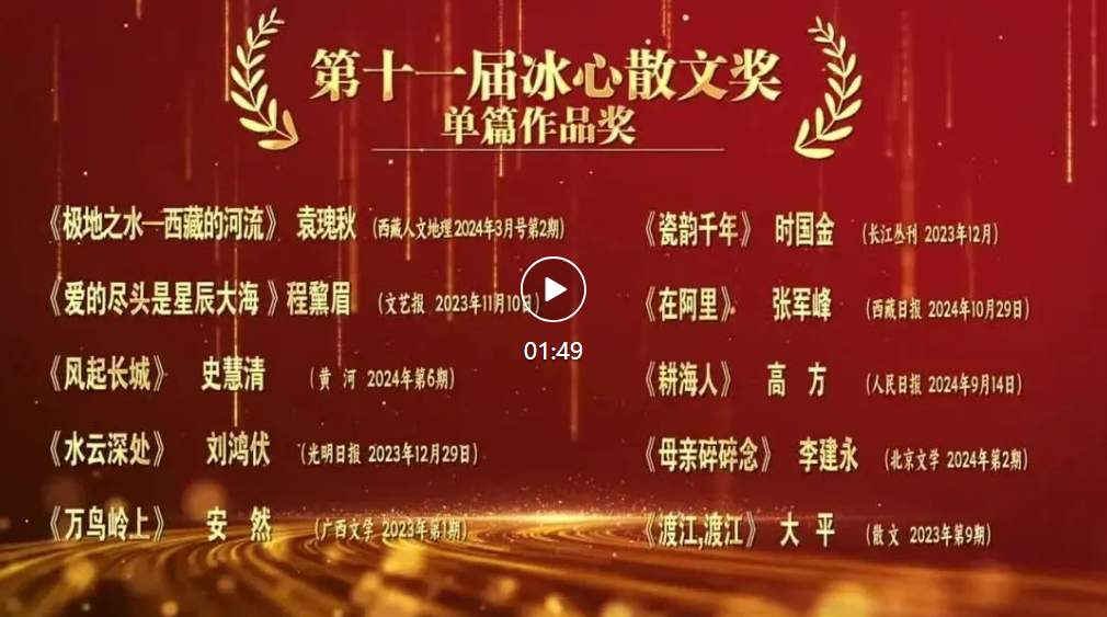 第十一届冰心散文奖揭晓 仁怀一人获奖 第十一届冰心散文奖揭晓 仁怀一人获奖