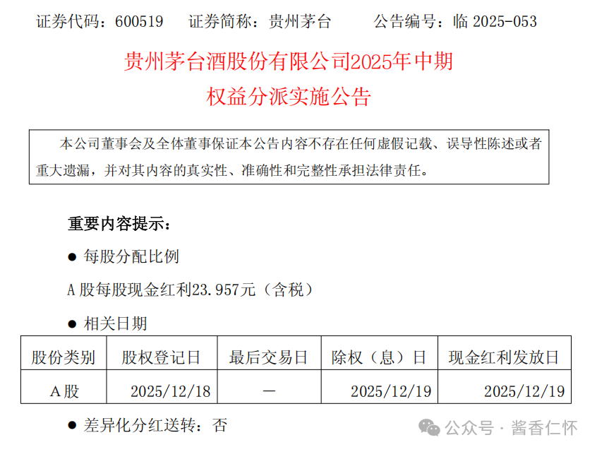 贵州茅台发布2025年中期权益分派公告：拟派发现金红利超300亿元，延续高回报传统
