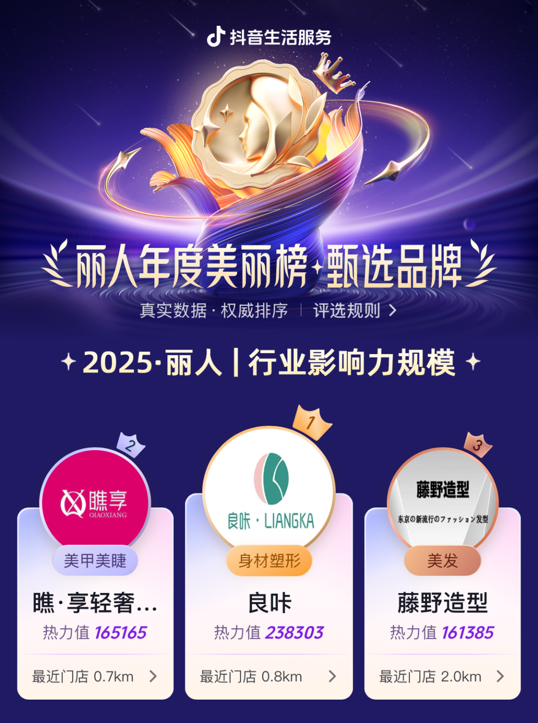 抖音生活服务丽人行业年度美丽指数·甄选品牌，以品质立标杆，与榜单共塑行业新生态
