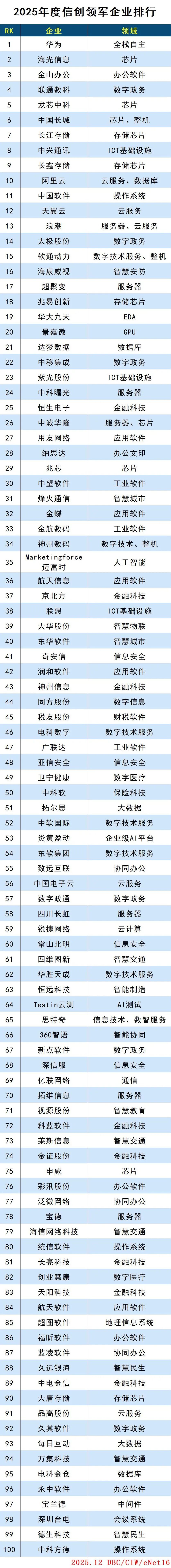 2025年度信创领军企业排行